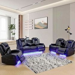 Power Electric Black Leather Reclining Couch Set