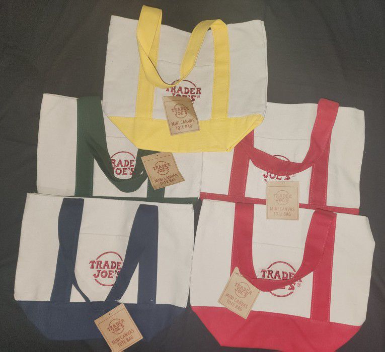 FIVE NEW Trader Joe's Reusable Canvas Eco Tote Bag. Blue, Green, Yellow, and Red