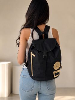 Versace Parfums Black Nylon Medusa Logo Drawstring Backpack Bag Gold Accents