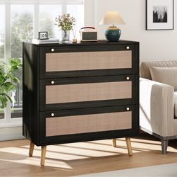 Black/Rattan 3-Drawer Dresser