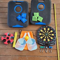 EastPoint Sports Bean Bag Toss Game Cornhole Set, 1 Narwhal Dart Board, 6 Halex Darts,
2 New Unopened Kairos Pickleball Paddles, 1 New Ring Toss