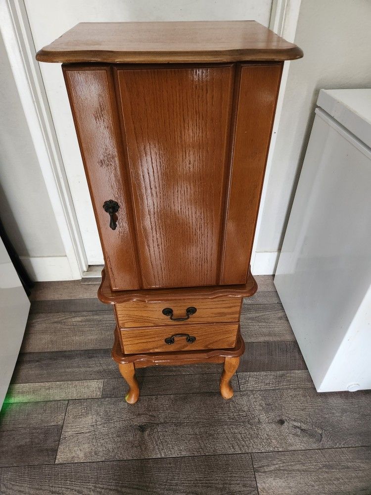 Vintage Wooden Jewelry Armoire with Mirror & Drawers