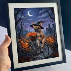 Halloween French Bulldog Witch Framed Art | Spooky Frenchie on Bicycle | Autumn Wall Decor 10x12