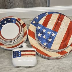19 PcSakura Warren Kimble 1997 American Flag Dinner Set Plates Bowls Glass Set