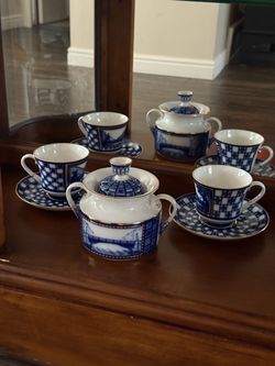 Imperial Porcelain St. Petersburg G. Shulyak Tea Set Cups Saucers Sugar Bowl