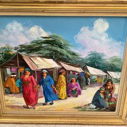 Vintage Original Oil Painting – Venezuelan Village Scene – Signed & Dated 1991 – Gold Frame