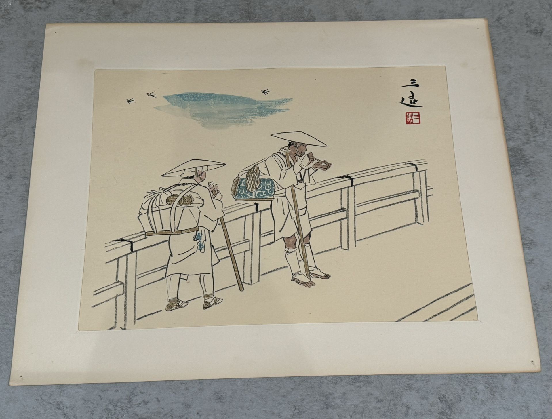 1940 Japanese Woodblock Print "Pilgrims" by Wada Sanzo (b1883-d1968)