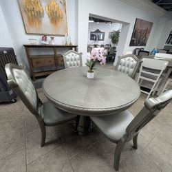 Glam Silver Round Dining Set w/Tufted Chairs