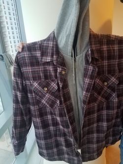 Insulated men's gray hooded sweatshirt with attached red flannel shirt