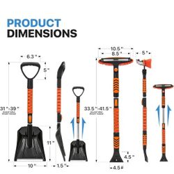 Extendable Ice Scraper and Brush with Squeegee for Car 4 in 1 Emergency Snow Shovel, Ergonomic Foam Grip and 180° Pivoting Brush Head Car Snow Kit for