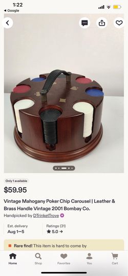 Vintage Bombay Company Poker Chip Set with Round Rotating Wooden Caddy.
