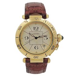 1990's Cartier Pasha 18K Yellow Gold 38mm Arabic Numeral Automatic Watch with Brown Leather Strap and Ivory Dial. (Pre-Owned 1991)