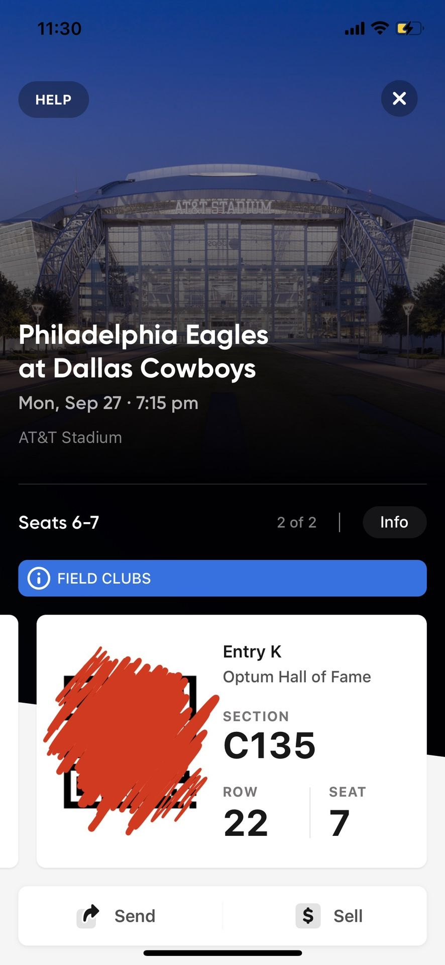 Dallas Cowboys vs Philadelphia Eagles, 2 Seats, Lower Level Section C135, Monday Night Football September 27