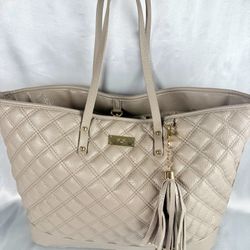 BCBG Paris Nude Beige Quilted Faux Vegan Leather Large Tote Carry Hand Bag Purse