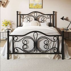 👀🔥Queen Bed Frame with Butterfly Pattern Design Headboard & Headboard, Black