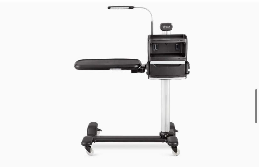 Overbed Table System: The ONLY Tray Table with Storage Shelves, Charging Ports, Extra Power Outlets & Reading Lights. Table for Chair & Bed Side (Blac