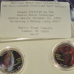 "American Space Coin Collection Two" set of uncirculated, colorized Kennedy half dollars featuring images from the Hubble Space Telescope. Coins Inclu