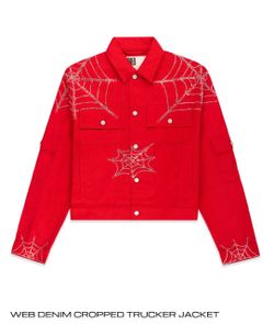 Sp5der Web Denim Cropped Trucker Jacket 'Red' sz: small
