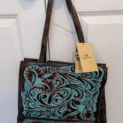 New With Tags Patricia Nash Turquoise Tooled Leather Handbag Purse Tote 
