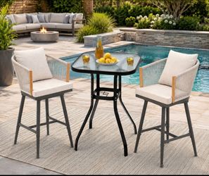 Set of 3 outdoor furniture set. Swivel bar Stools & table. Assembled.