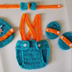 Crochet Baby Boy Miami Dolphins Football Inspired Outfit Photo Prop 