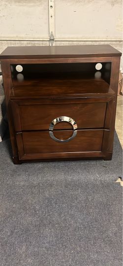 Dark Wood Nightstand with Drawers and Open Shelf