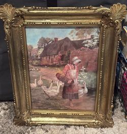 Vintage 1978 Syroco #3330 frame wall print girl and geese