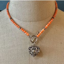 coral beaded  sterling silver  heart locket  pendant necklace
