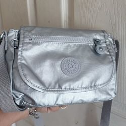 Kipling Sabian Mini Crossbody Metallic Silver Key Clip Nylon