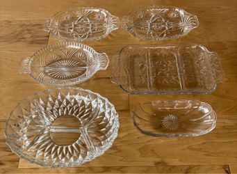 6 Ornate glass serving platters, 8”-12”, buy all fir $95 or text for individual prices.
