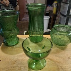 Vintage GREEN Cup,Vases, And Bowl