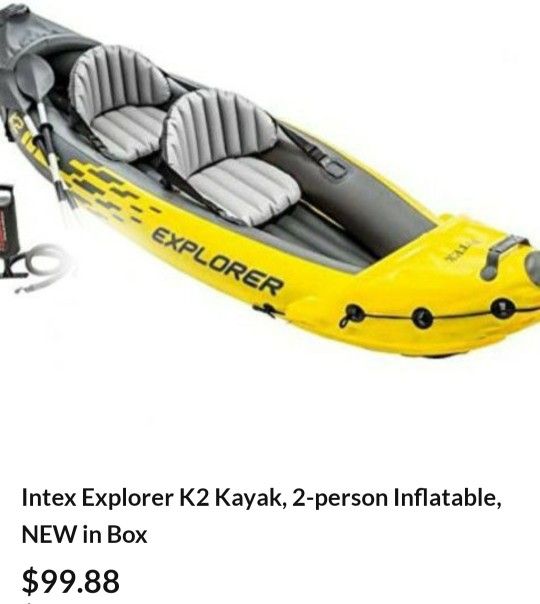 NEW Explorer K2 Kayak, 2 person Inflatable, NEW in Box. NEW in box, never used. Paid $165, asking ONLY $99.88. Comes with pump, and two paddles