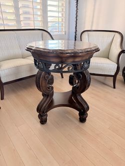 Round Marble Top Ornate Wood Side Table