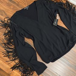 Beautiful NEW Long Sleeve Dress Blouse with fringes and crystals on the sleeves Size Small By INC