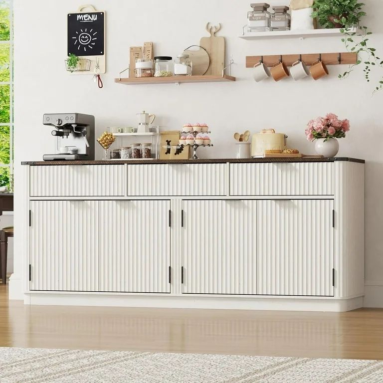 70" Fluted Buffet Cabinet Sideboard with Storage, Large Credenza with 3 Drawers, 4 Doors and Shelves, Wood Modern Farmhouse Sideboard for Kitchen and