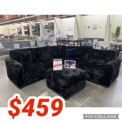 Black Jumbo Corduroy Sectional Sofa With Ottoman 
