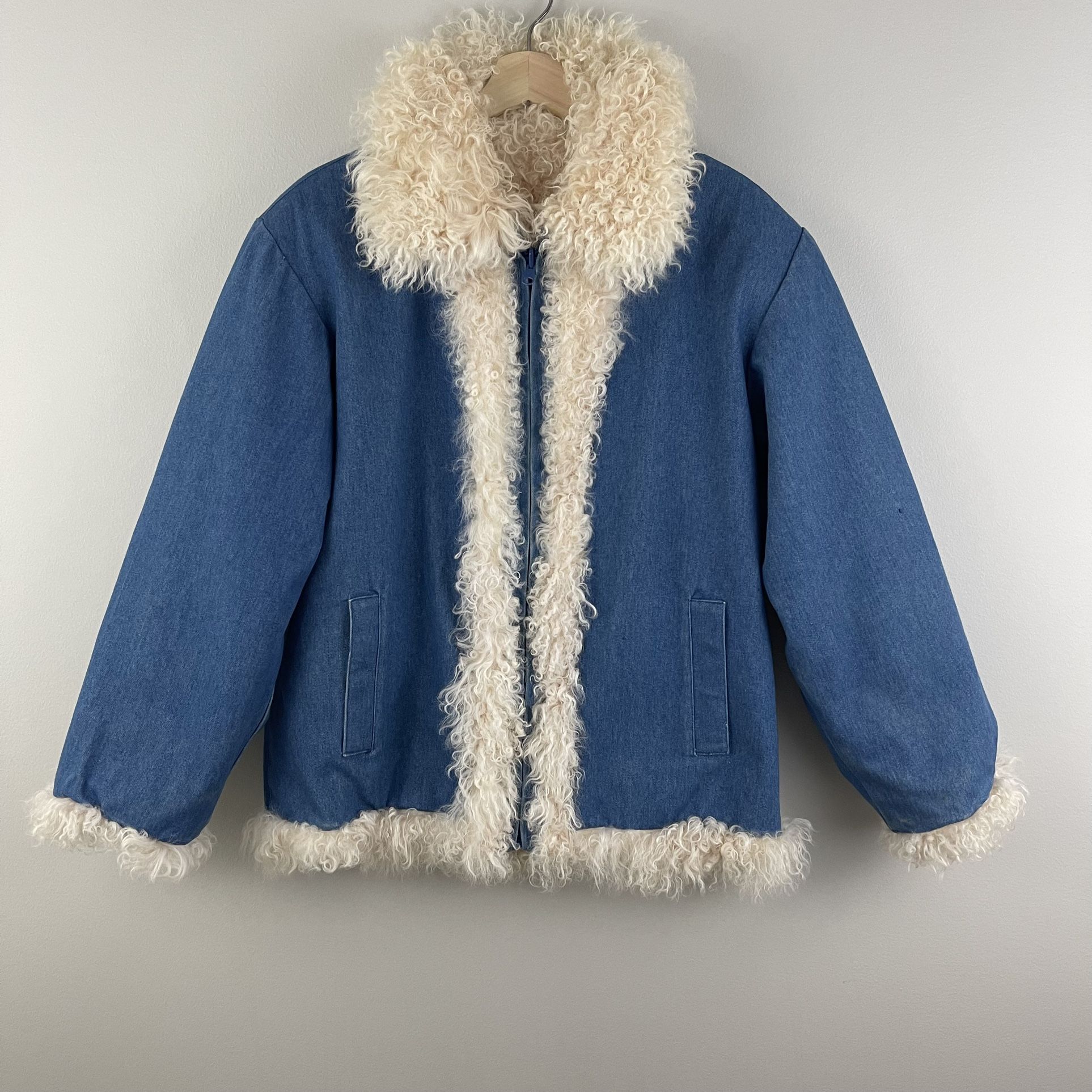 Vintage Y2K Reversible Denim Cream Curly Mongolian Lamb Sheep Fur Jacket 