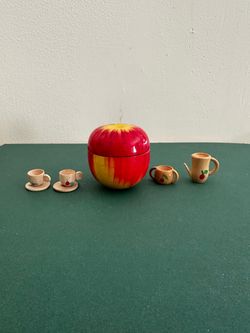 Vintage Wooden Apple Tea Set with Painted Accents