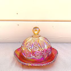Vintage Indiana Glass Amberina Sunset Carnival Glass Butter Dish Cloche