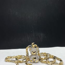 14k Solid gold Figaro rope two tones and Bear with Diamond  Pendant , Necklance gold pendant
