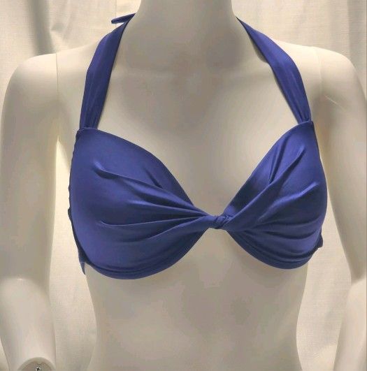 Navy Halter Twist Feont Bikini Top With Underwire