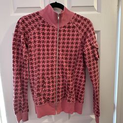 Women’s Zip-up Jacket Houndstooth Pink Size S 100% Cotton