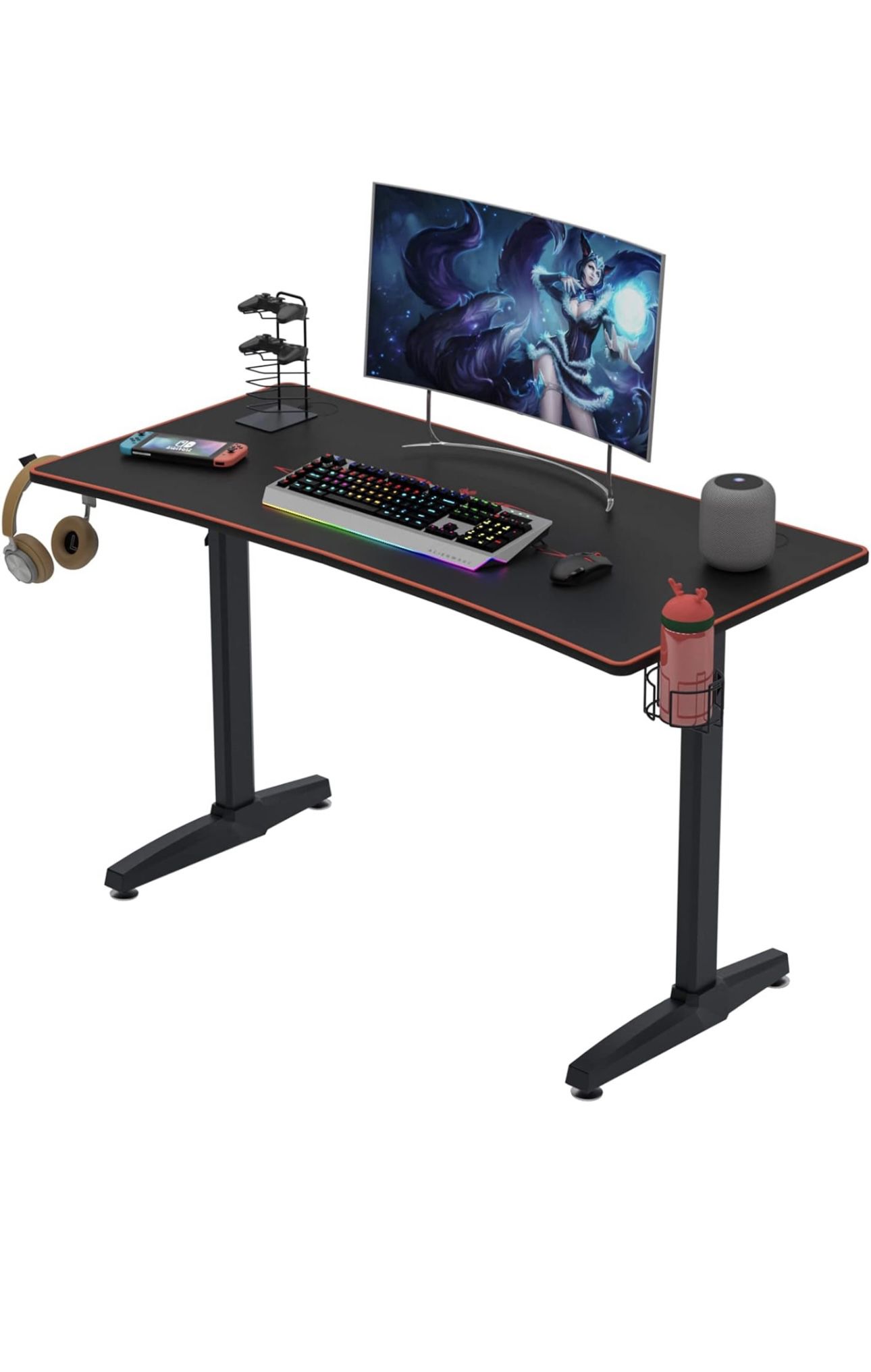 Gaming Desk, 47 inch Computer Desk, Professional Gamer Game Station with Full Covered Mouse Pad, Headphone Hook, Gamer Handle Rack, Cup Holder, Black