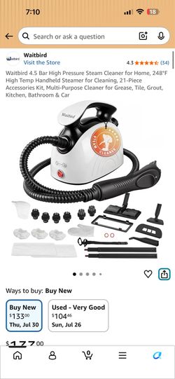 NEW IN BOX   Waitbird 4.5 Bar High Pressure Steam Cleaner for Home, 248°F High Temp Handheld Steamer for Cleaning, 21-Piece Accessories Kit, Multi-Pur