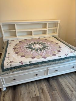 Full bed frame, solid wood with shelves and drawers