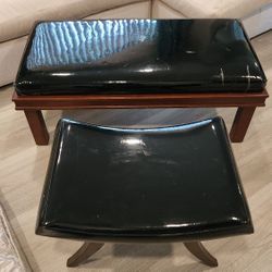 Wooden Bench & Stool, Upholstery/ Leather - BLK