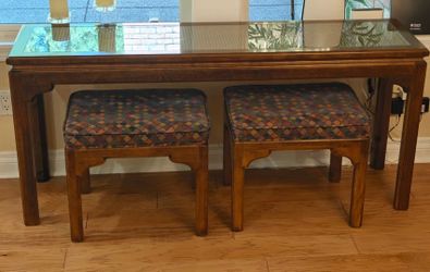 Ethan Allen Console Table & 2 Stools Set - Glass Top/Rattan