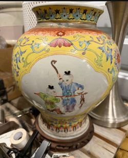 ANTIQUE CHINESE H/ PAINTED ENAMEL CHILDS FLOWERS DESIGN VASE WITH YELLOW GRAUND
