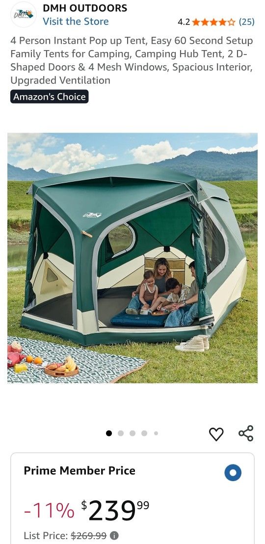 4 Person Instant Pop up Tent, Easy 60 Second Setup Family Tents for Camping, Camping Hub Tent, 2 D-Shaped Doors & 4 Mesh Windows, Spacious Interior, U