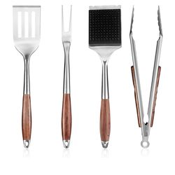 FJNATINH Heavy-Duty Grilling Accessories Rose Wooden BBQ Grilling Tools Set,Outdoor Grill Set with Spatula, Fork, Brush & Tongs,Essential Accessories 